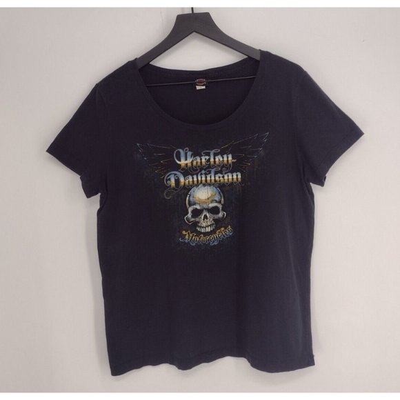 Harley-Davidson Great River Road Quincy IL Skull Black V-Neck T-Shirt Womens XL - Picture 1 of 6